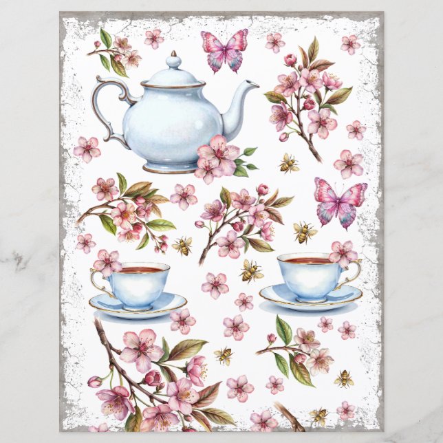 Papier Fleur rose cerise, champ avec thé (Devant)