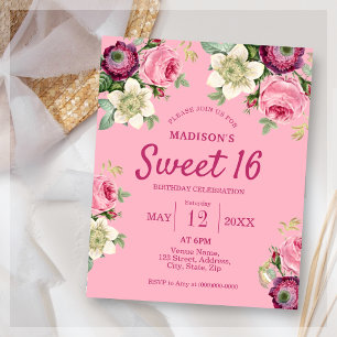 Papier Fleur rose sucré 16 Anniversaire Invitation