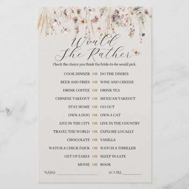 Papier Fleur sauvage Boho Rustic Elegant Fête des mariées (Devant)