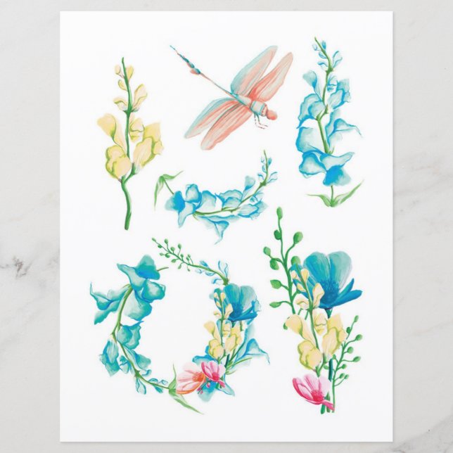 Papier Fleurs à l'aquarelle et insectes à découper et à c (Devant)