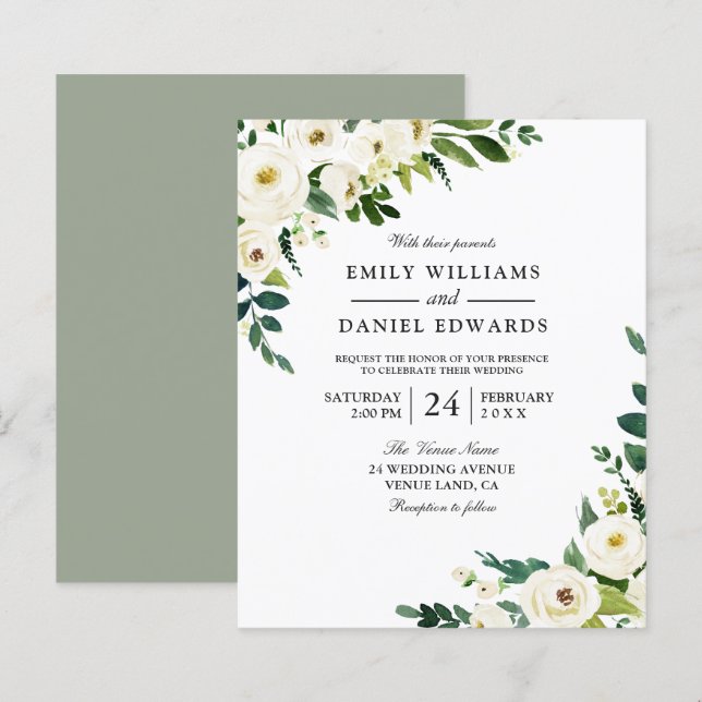 Papier Fleurs blanches Belle Faire-part de mariage budgét (Devant / Derrière)