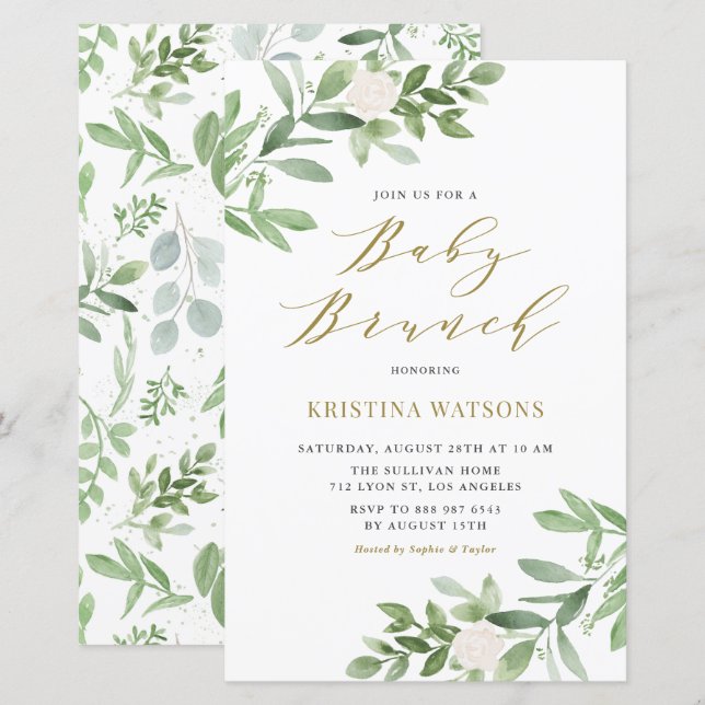 Papier Fleurs blanches et verdure Bébé Brunch Invitation (Devant / Derrière)