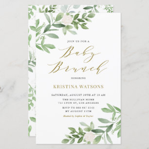 Papier Fleurs blanches et verdure Bébé Brunch Invitation