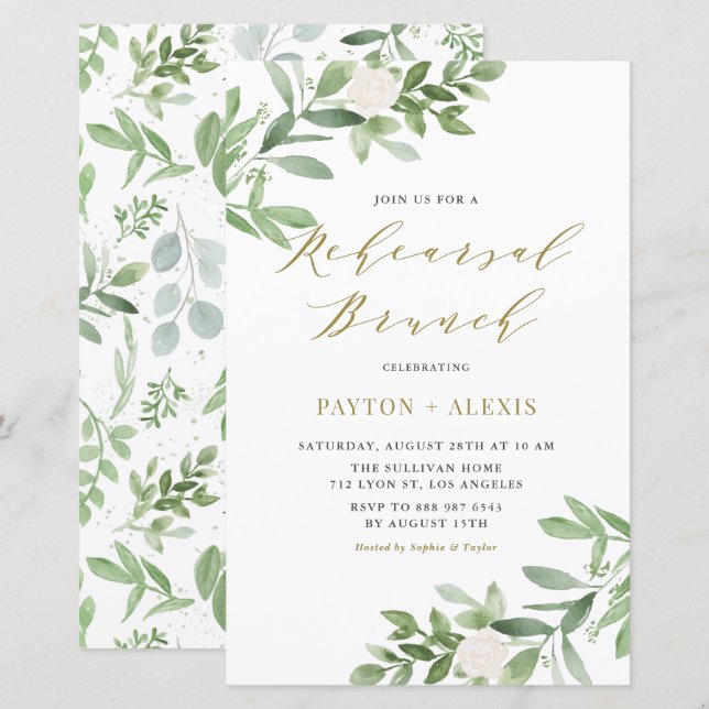 Papier Fleurs blanches Répétition de verdure Brunch Invit (Devant / Derrière)