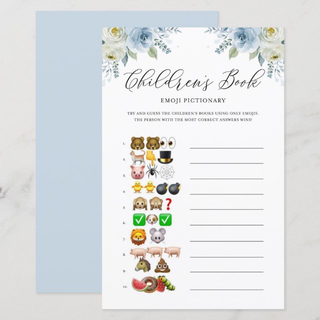 Papier Fleurs Bleues Enfants Livre Emoji Baby shower Jeu (Devant / Derrière)