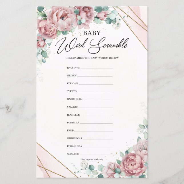 Papier Fleurs bleues eucalyptus or Baby Word Scramble (Devant)