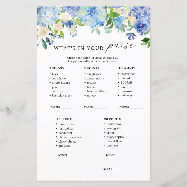 Papier Fleurs bleues Hydrangea Ce qui est dans votre sac (Devant)