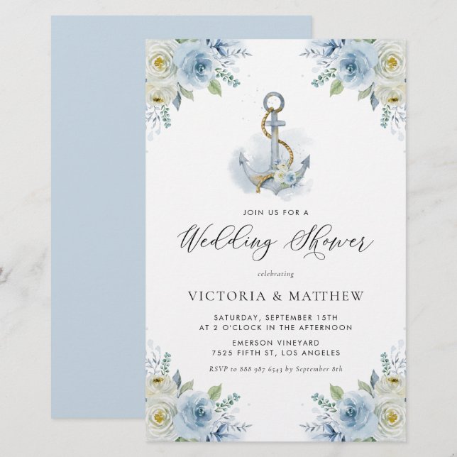 Papier Fleurs bleues Invitation Wedding shower nautique (Devant / Derrière)