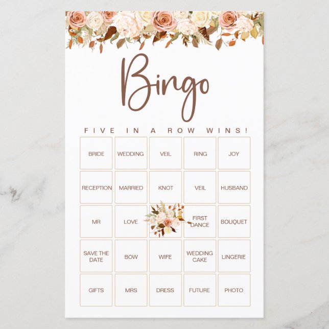 Papier Fleurs Boho automne | Jeu de Bingo de mariage (Devant)