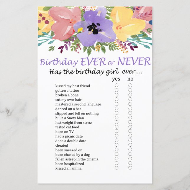 Papier Fleurs d'aquarelle Anniversaire jamais ou jamais j (Devant)