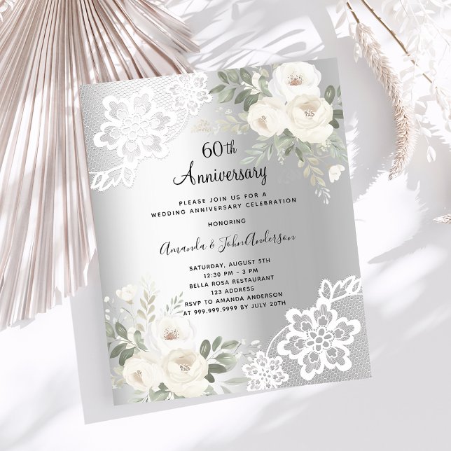 Papier Fleurs d'argent Invitation 60e anniversaire de mar (Créateur téléchargé)