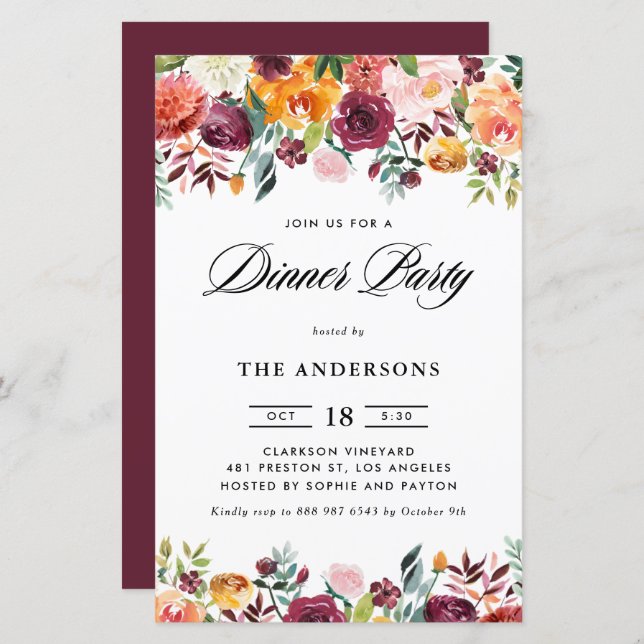 Papier Fleurs d'automne Garland Diner fêtes Invitation (Devant / Derrière)