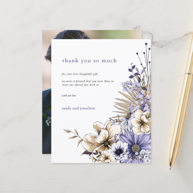 Papier Fleurs de Budget Photo Mariage Remerciements Lilas (Devant/Arrière en situation)