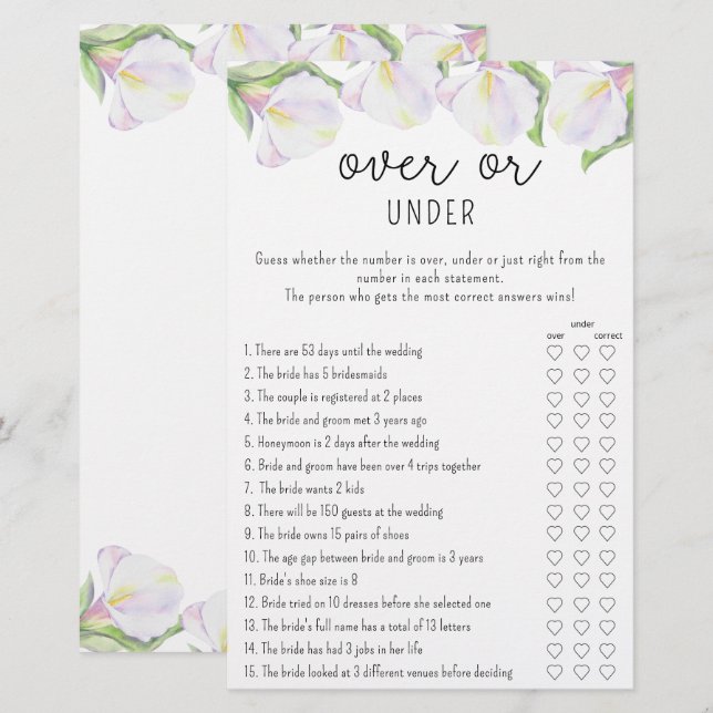 Papier Fleurs de Calla - Jeu de douche sous-marine ou sup (Devant / Derrière)