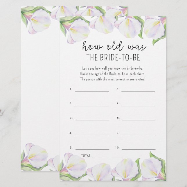 Papier Fleurs de calla - Quel âge avait la future mariée (Devant / Derrière)