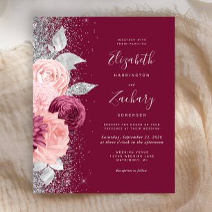 Papier Fleurs de mariage argentées rose Bourgogne à petit