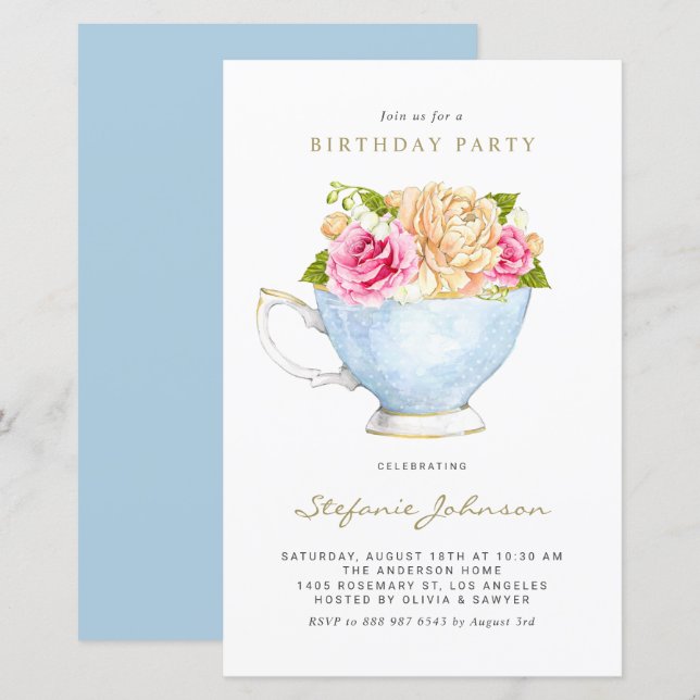 Papier Fleurs de printemps à Teacup Invitation de fête d' (Devant / Derrière)