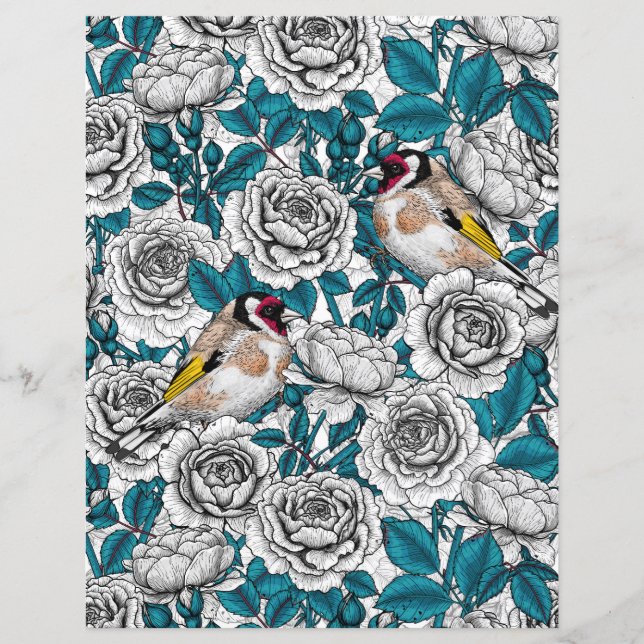 Papier Fleurs de roses blanches et oiseaux d'or (Devant)