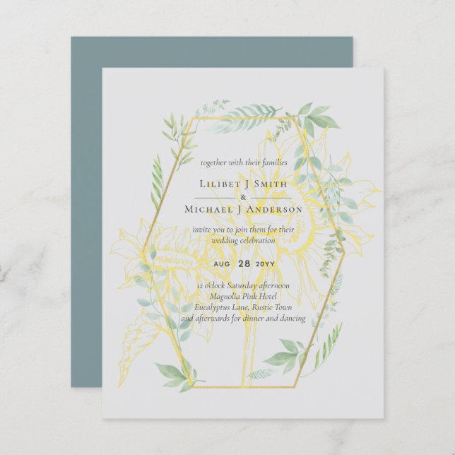Papier Fleurs de soleil modernes Mariage d'or Sage (Devant / Derrière)