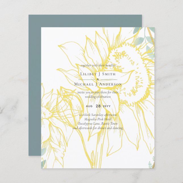 Papier Fleurs de soleil modernes Mariage d'or Sage (Devant / Derrière)