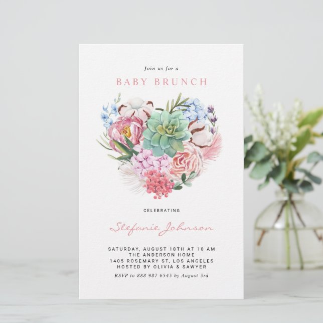 Papier Fleurs et coeur Succulent Bébé Brunch Invitation (Debout devant)
