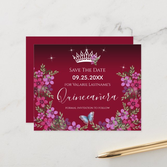 Papier Fleurs et papillon Quinceanera Enregistrer la date (Devant/Arrière en situation)