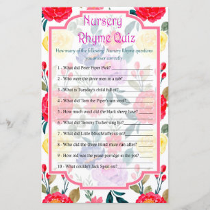 Papier Fleurs Nursery Rhyme Quiz jeu de baby shower