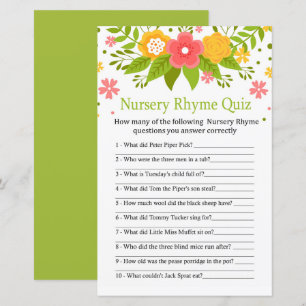 Papier Fleurs Nursery Rhyme Quiz jeu de baby shower
