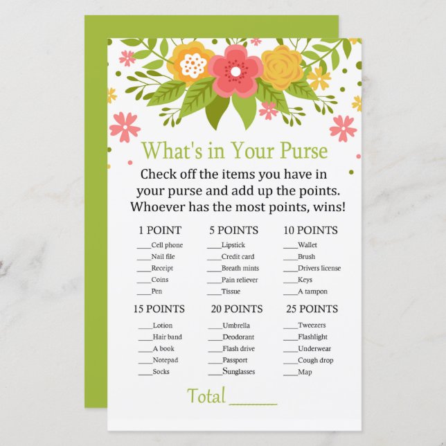 Papier Fleurs Qu'est-ce qu'il y a dans votre sac à main (Devant / Derrière)