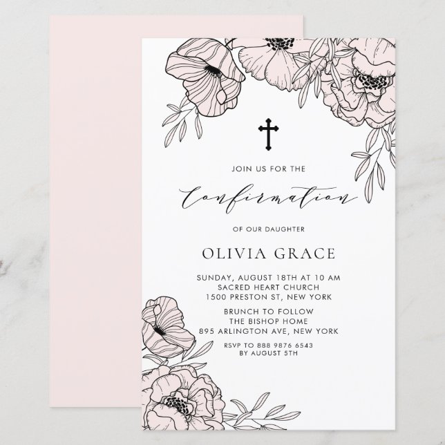 Papier Fleurs rose vif modernes Invitation de confirmatio (Devant / Derrière)