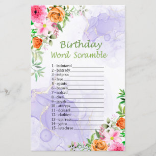 Papier Fleurs roses Anniversaire Mot Scramble Jeu
