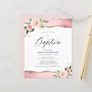 Papier fleurs roses aquarelle agate baptême invitation