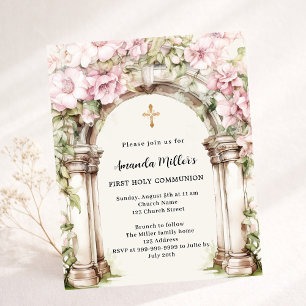 Papier Fleurs roses arche fille première communion invita