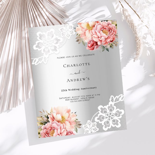 Papier Fleurs roses argentées dentelle 25e anniversaire m (Créateur téléchargé)