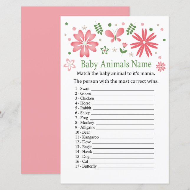 Papier Fleurs roses Bébé Animaux Nom Jeu (Devant / Derrière)