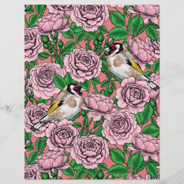 Papier Fleurs roses roses et oiseaux dorés (Devant)
