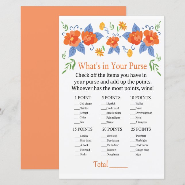 Papier Fleurs rouges Qu'y a-t-il dans votre sac à main (Devant / Derrière)