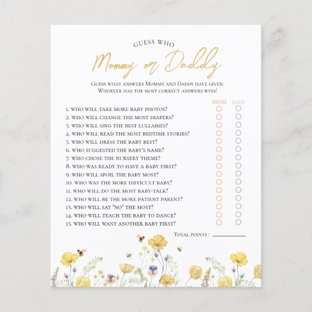 Papier Fleurs sauvages & Devinez Qui Baby shower Jeu (Devant)