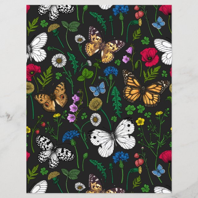 Papier Fleurs sauvages et papillons sur le noir (Devant)