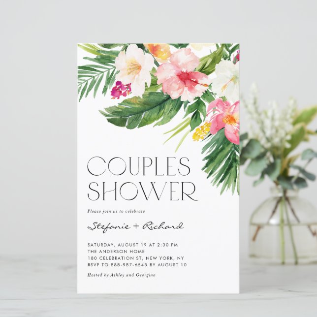 Papier Fleurs tropicales Été Couples Douche Invitation (Debout devant)