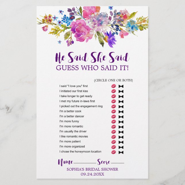 Papier Fleurs violettes et roses "Il a dit qu'elle a dit" (Devant)