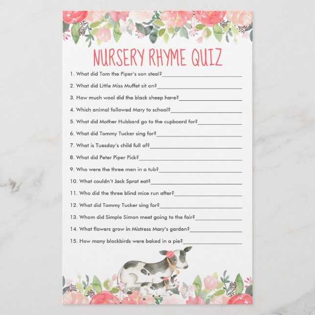 Papier Floral Aquarelle Vaches ferme Nursery Rhyme Quiz (Devant)