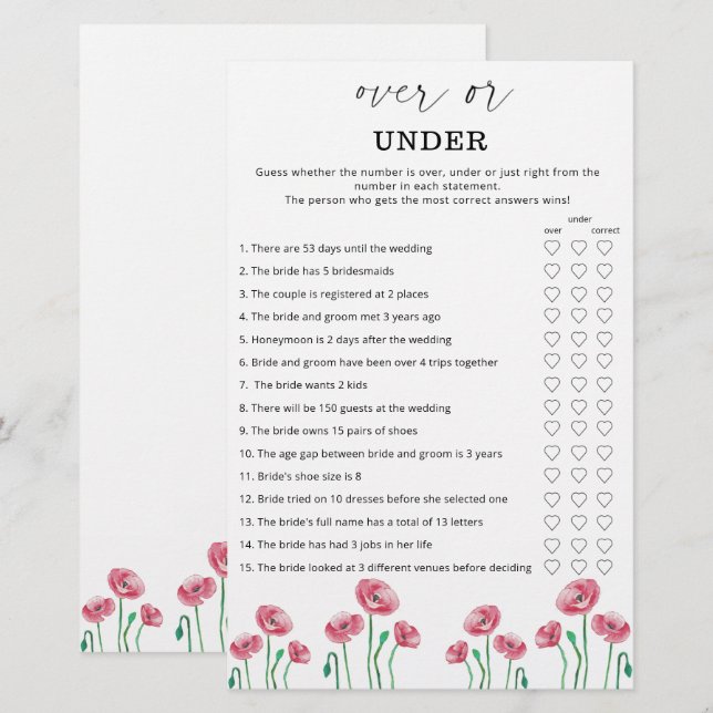 Papier Floral au-dessus ou sous la douche nuptiale (Devant / Derrière)