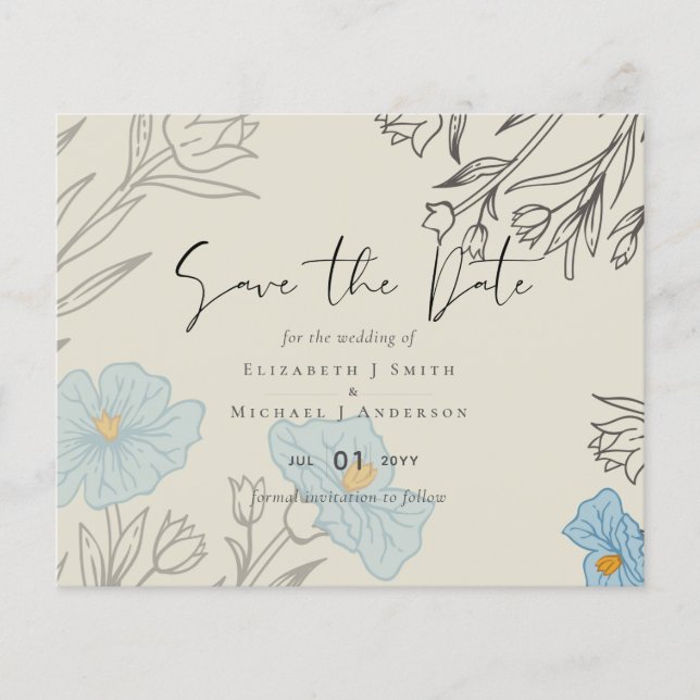 Papier Floral bleu moderne Mariage Abstrait Ave la date (Devant)