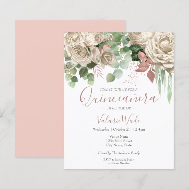 Papier Floral Blush rose Quinceanera Budget Invitation (Devant / Derrière)