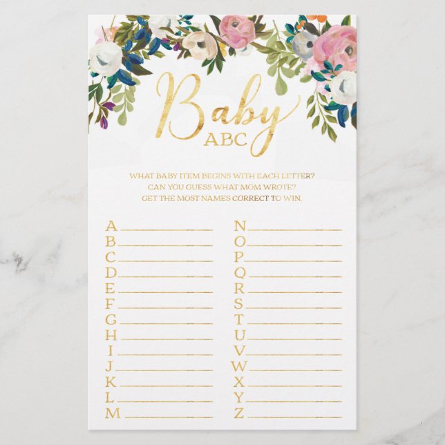 Papier Floral Boho Chic Baby shower ABC Jeu (Devant)