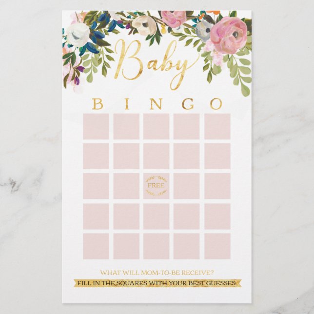 Papier Floral Boho Chic Baby shower Jeu de Bingo (Devant)