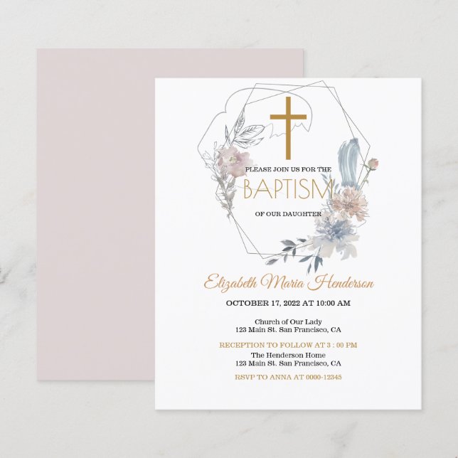 Papier Floral / BUDGET / Invitation Baptême Fille. (Devant / Derrière)