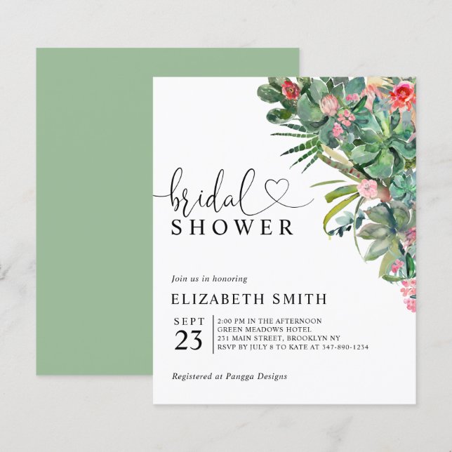 Papier Floral Cactus rose Budget Douche nuptiale Invitati (Devant / Derrière)