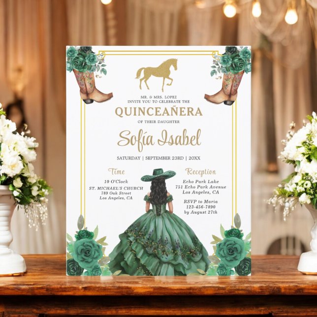 Papier Floral Emerald Green Boots Horse Quinceanera (Créateur téléchargé)